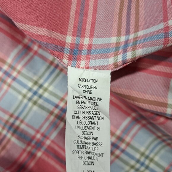 LL Bean Womens Flannel Shirt Scotch Plaid Peach Pink Blue Button Up Down Medium - Picture 8 of 8